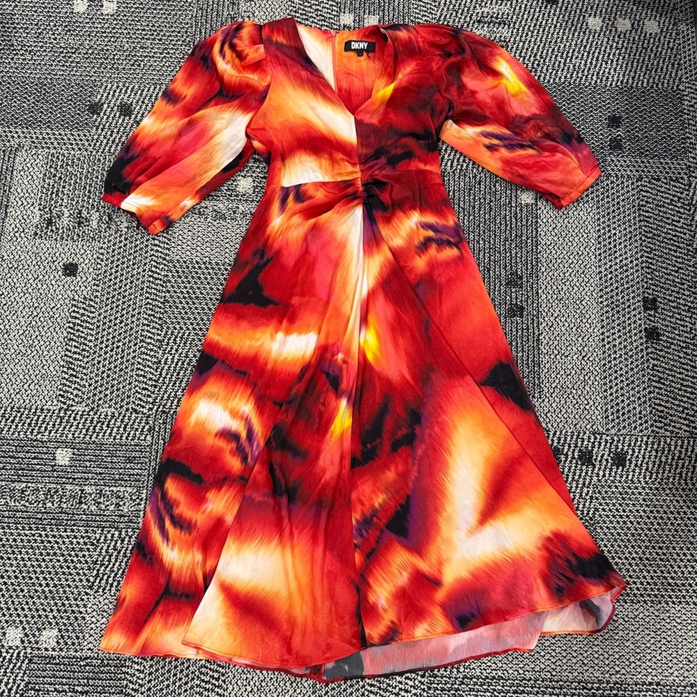 DKNY Red and Orange Fit and Flare Cocktail Dress